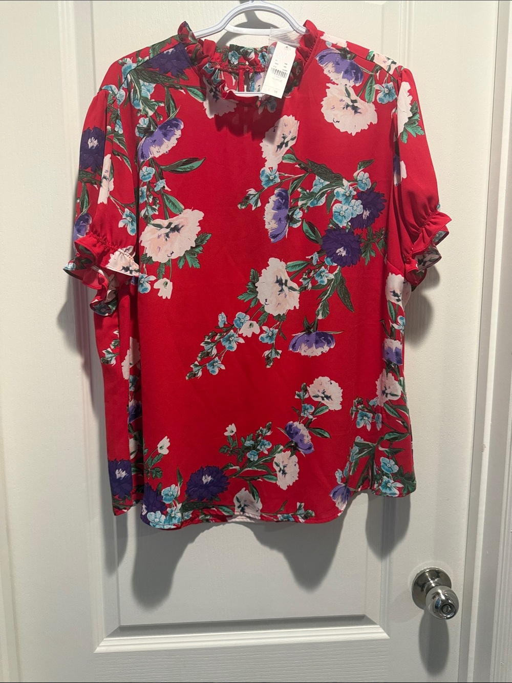 Avenue Red Floral Ruffle Mock-Neck Blouse